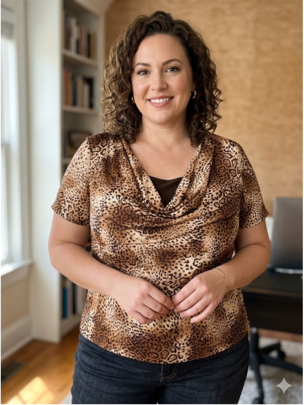 Women's Addition Elle Animal Print Cowl Neck Short Sleeve Tee, Brown, 3X. 2049